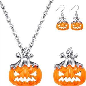 3 Pairs Silver Plated Halloween Pumpkin Pendant Jewelry Set